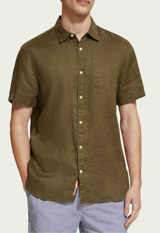 Dark Olive Green חולצת פשתן מכופתרת קצרה לגברים SCOTCH & SODA