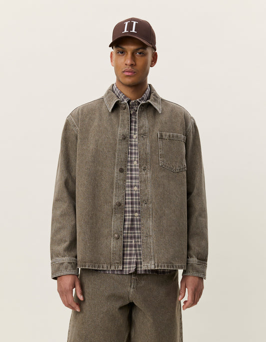 Dark Olive Green חולצה מכופתרת ארוכה לגברים Denim Overshirt LES DEUX