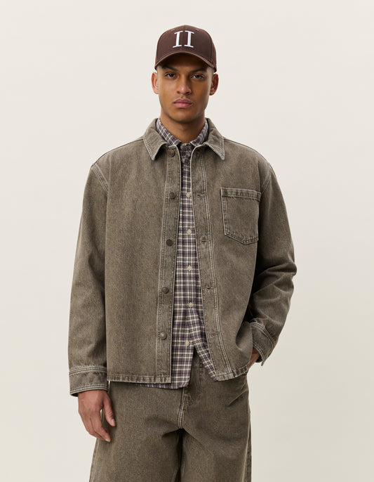 Dark Olive Green חולצה מכופתרת ארוכה לגברים Denim Overshirt LES DEUX