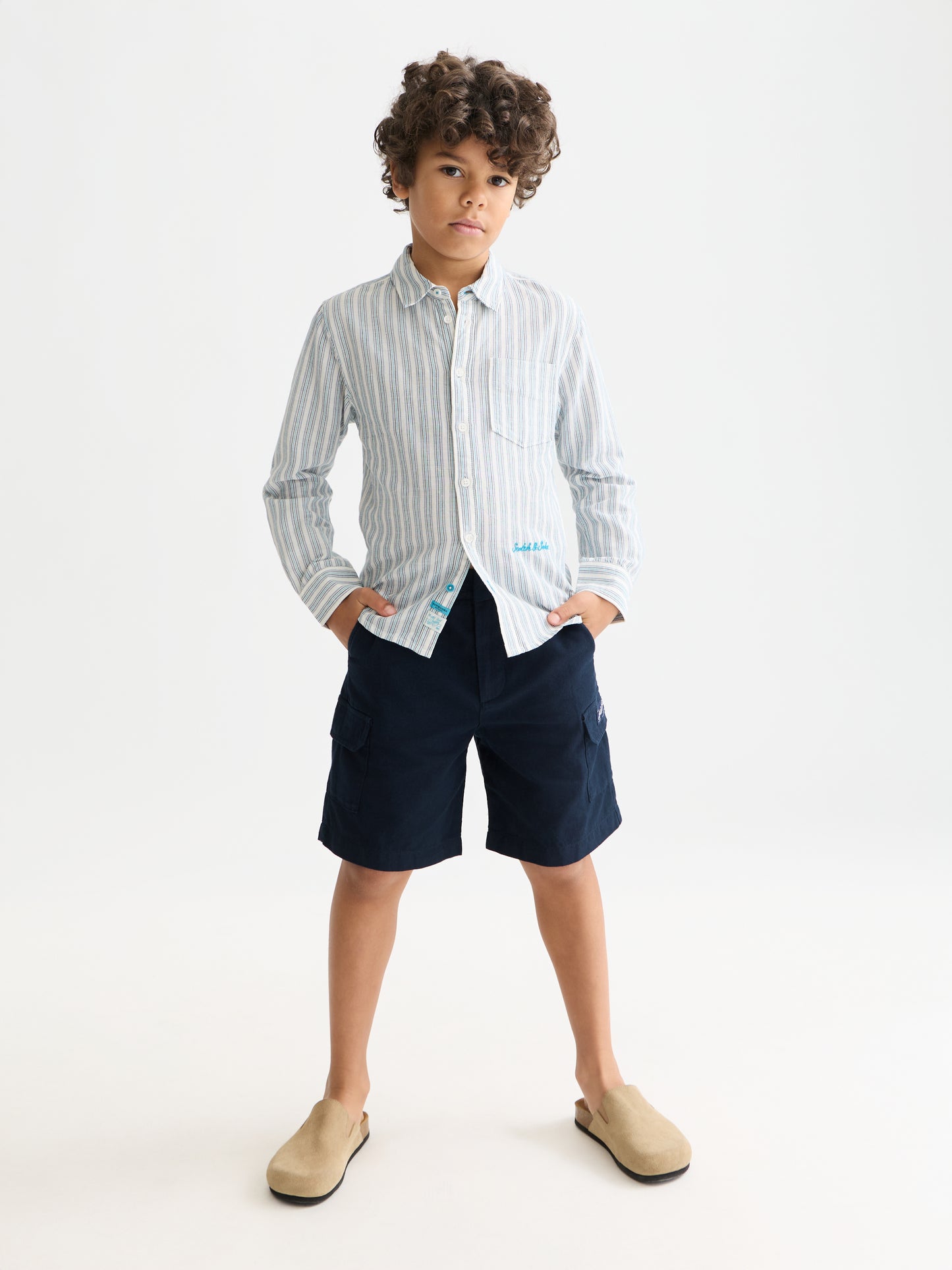White Smoke חולצה מכופתרת ארוכה לילדים  Yarn-Dyed Striped Linen SCOTCH & SODA