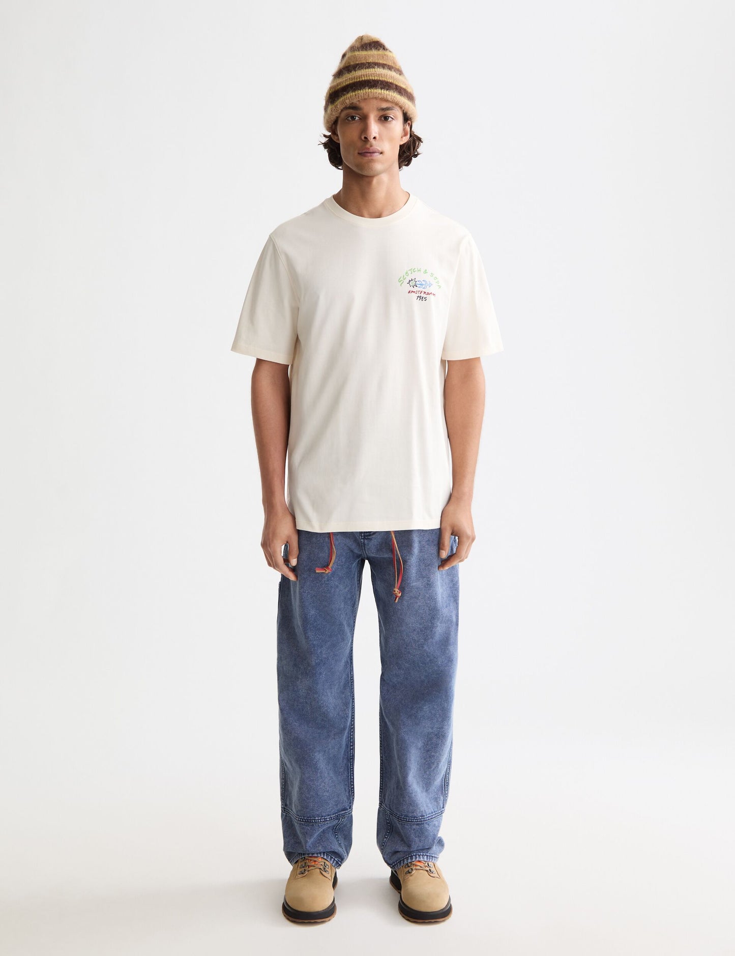 Beige טי שירט קצרה לגברים Front and back Artwork SCOTCH & SODA