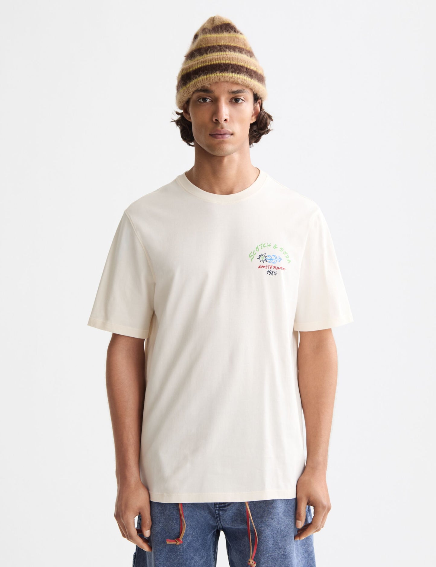 Beige טי שירט קצרה לגברים Front and back Artwork SCOTCH & SODA