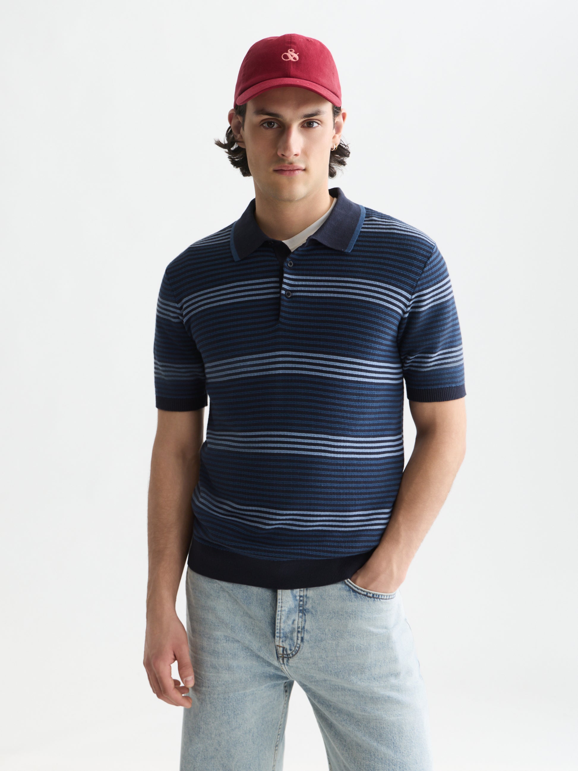 White Smoke חולצת פולו לגברים Striped Structured Knitted SCOTCH & SODA