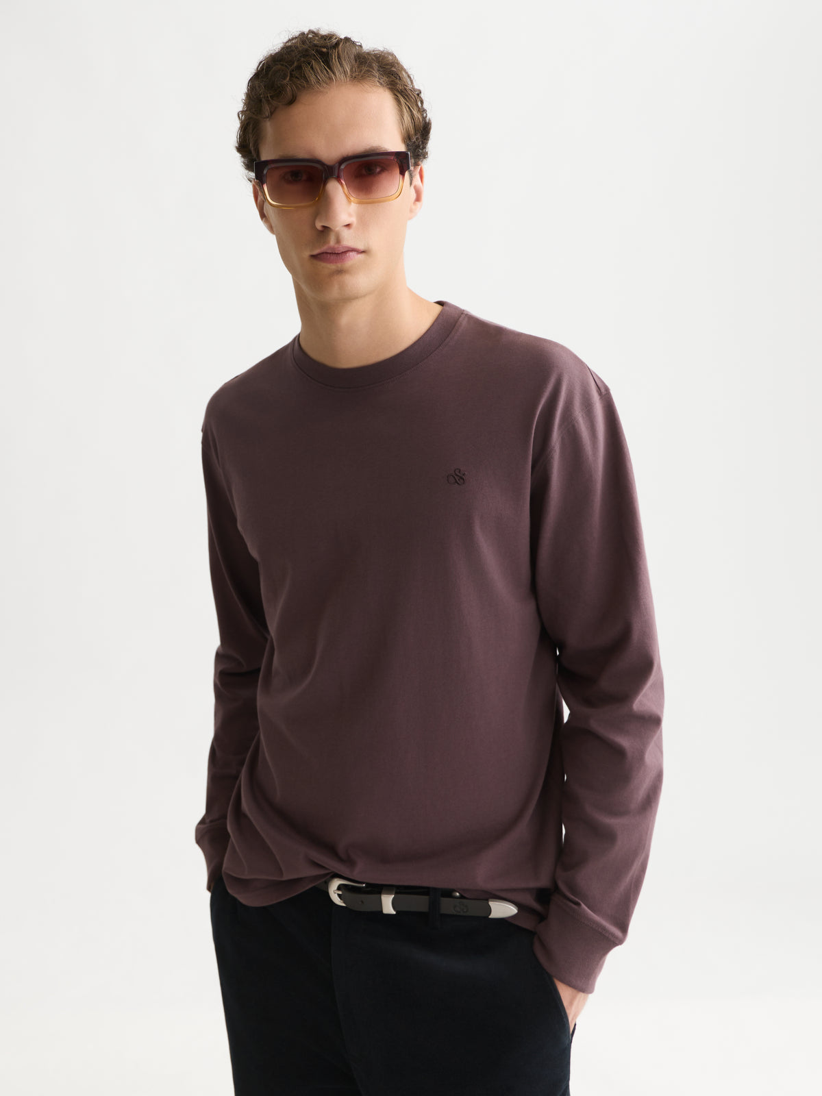Dark Slate Gray טי שירט ארוכה לגברים Embroidered Logo SCOTCH & SODA