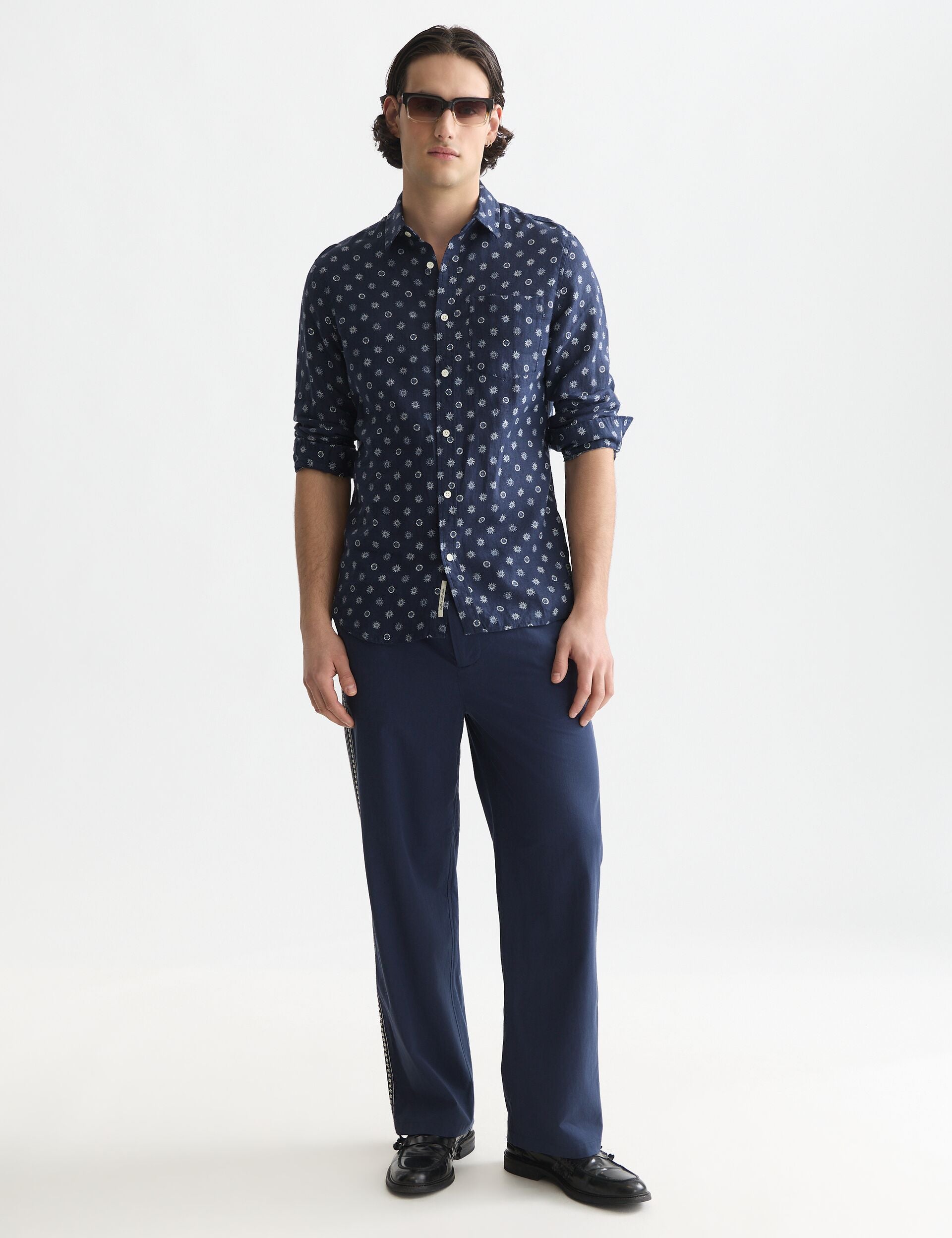 White Smoke חולצה מכופתרת ארוכה לגברים Printed Linen SCOTCH & SODA