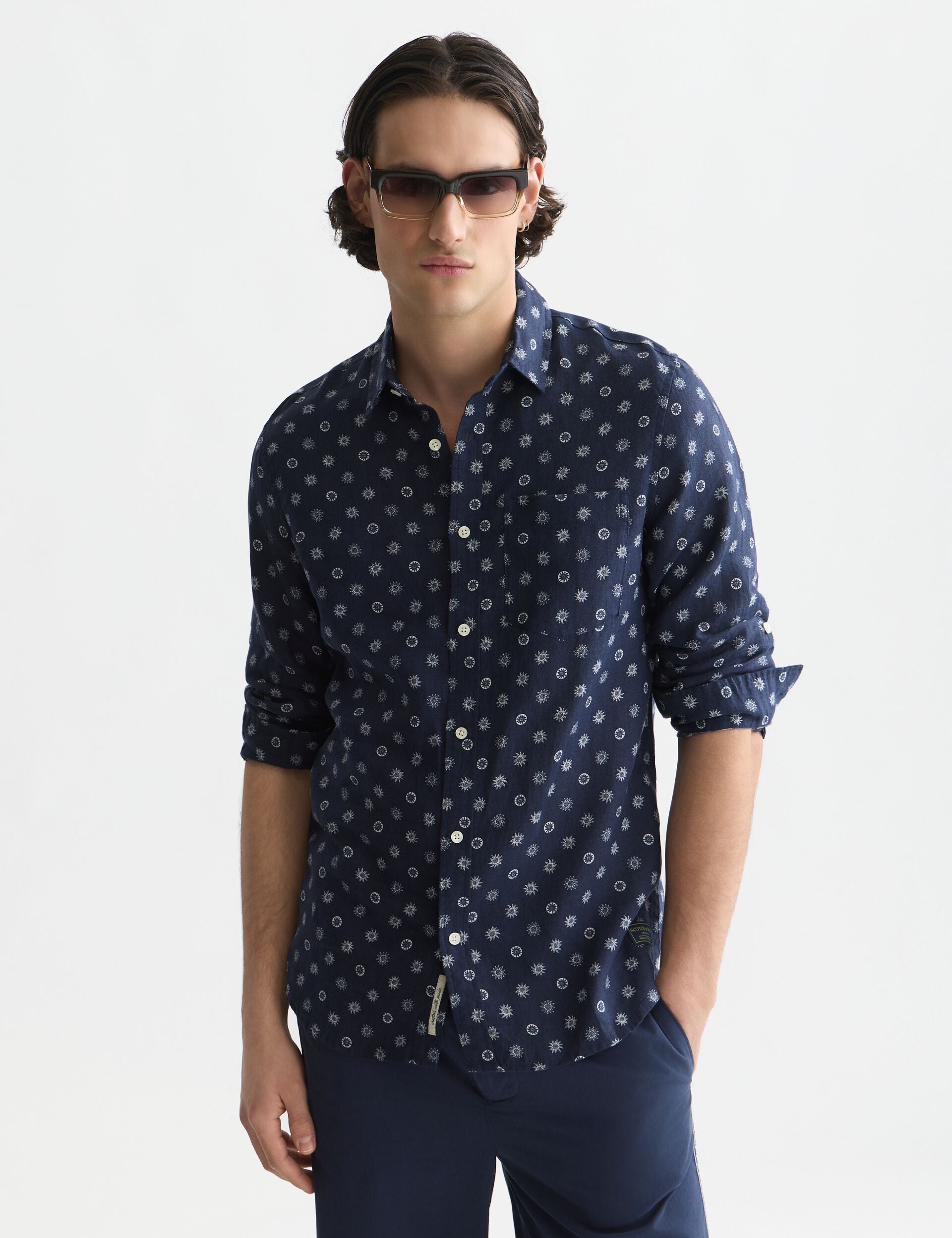 White Smoke חולצה מכופתרת ארוכה לגברים Printed Linen SCOTCH & SODA