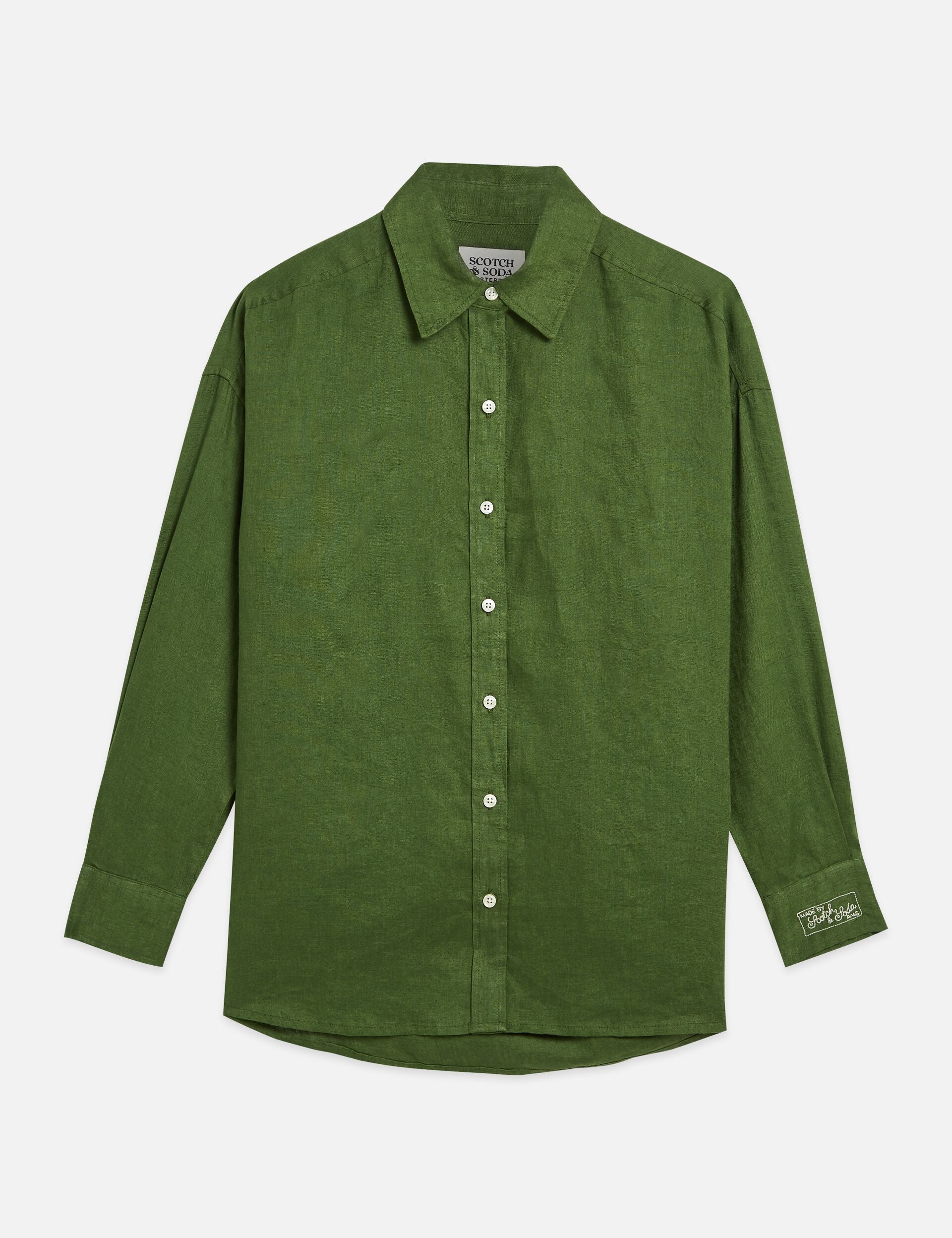 Dark Olive Green חולצה מכופתרת ארוכה לנשים Linen Blend SCOTCH & SODA