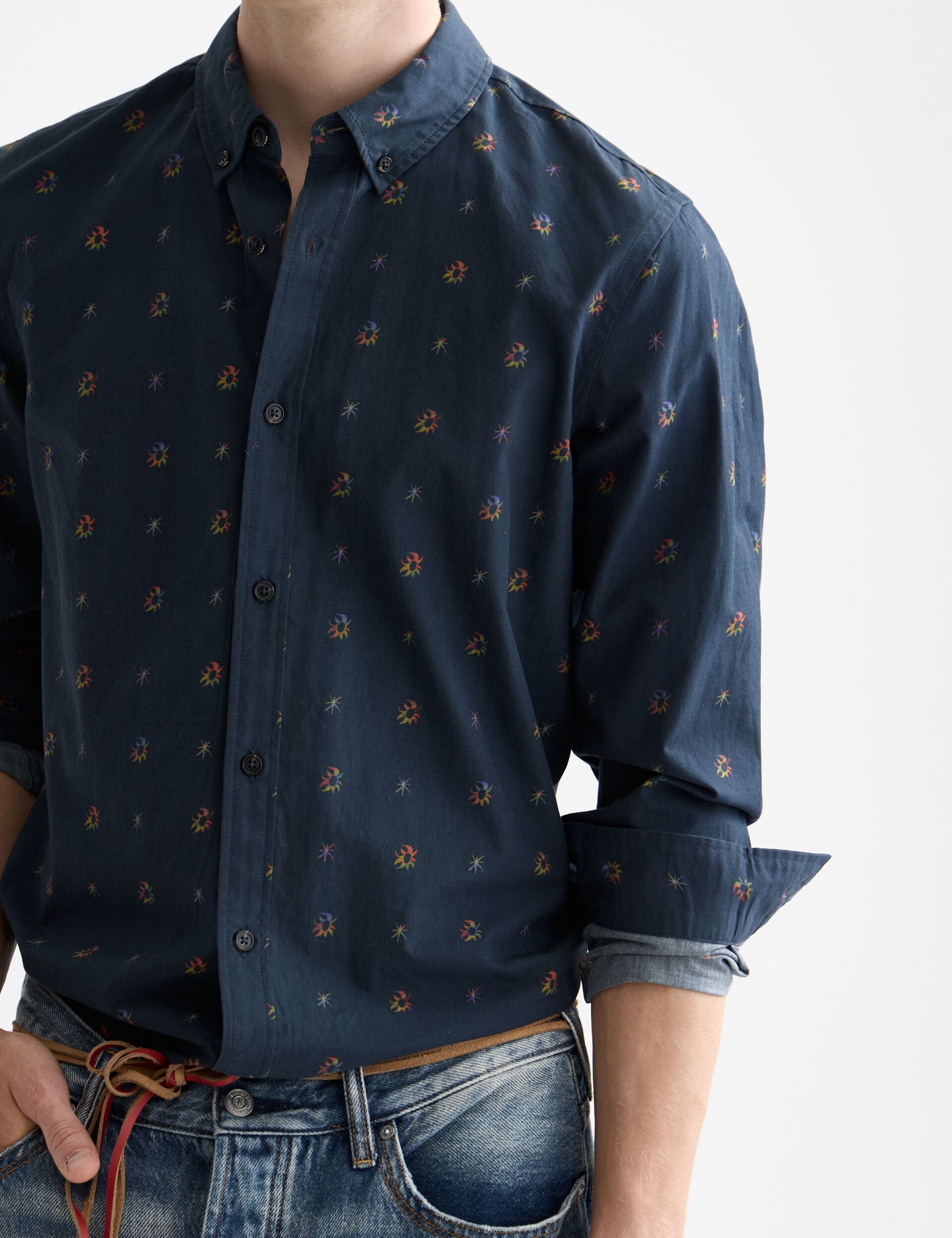 Black חולצה מכופתרת ארוכה לגברים Printed SCOTCH & SODA