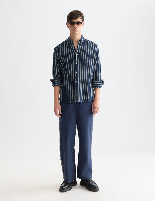 White Smoke חולצת פסים מכופתרת ארוכה לגברים Striped Crinkle SCOTCH & SODA