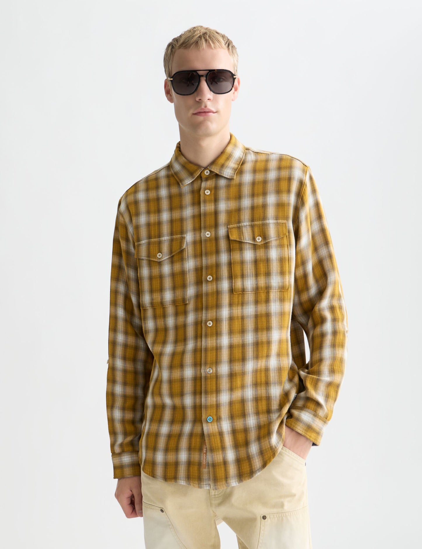 Lavender חולצה מכופתרת ארוכה משובצת לגברים  Double Face SCOTCH & SODA