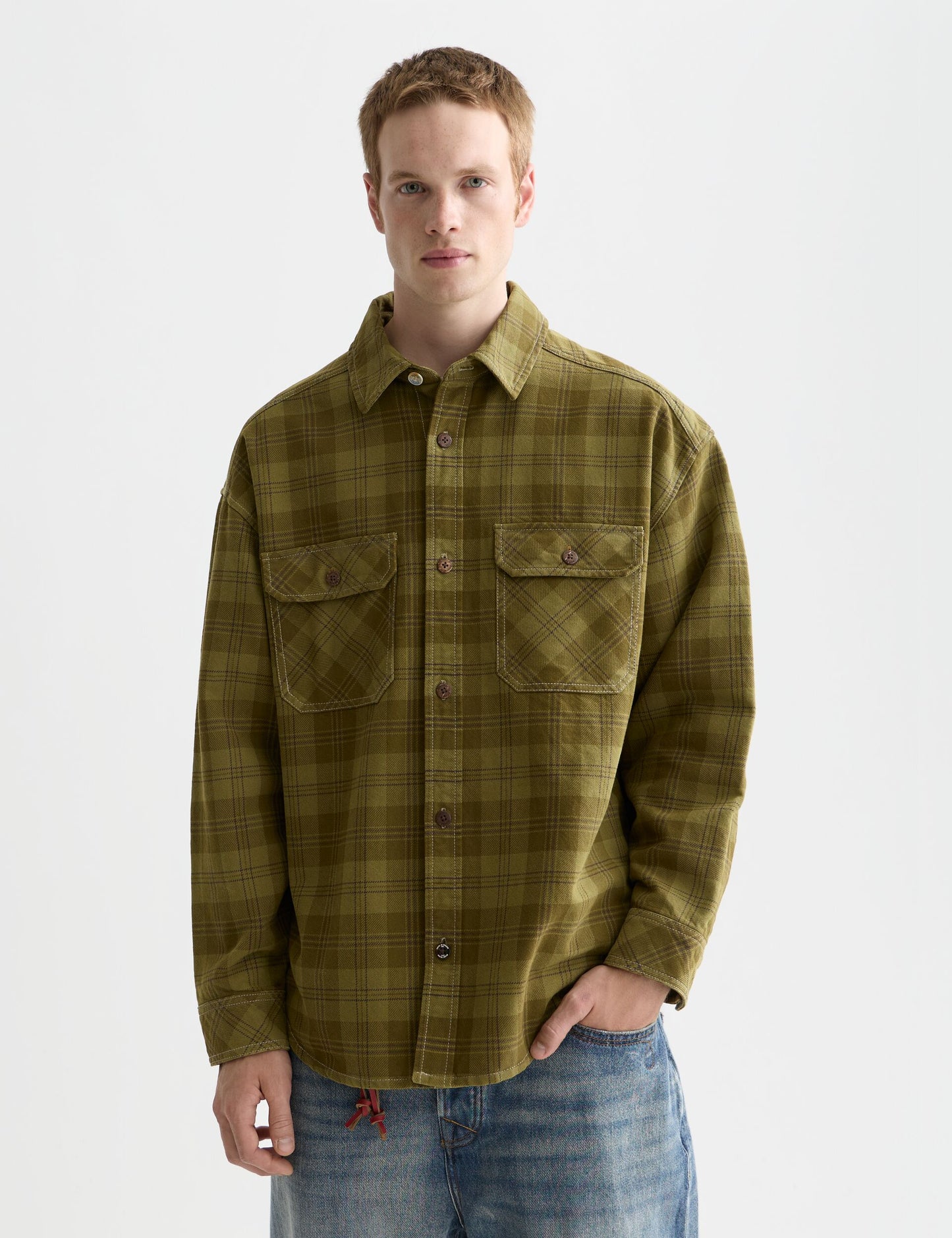 Dark Olive Green חולצה ארוכה מכופתרת לגברים Washed denim SCOTCH & SODA
