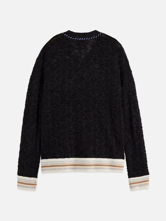 Black סוודר פולאובר לגברים V-Neck Cable SCOTCH & SODA