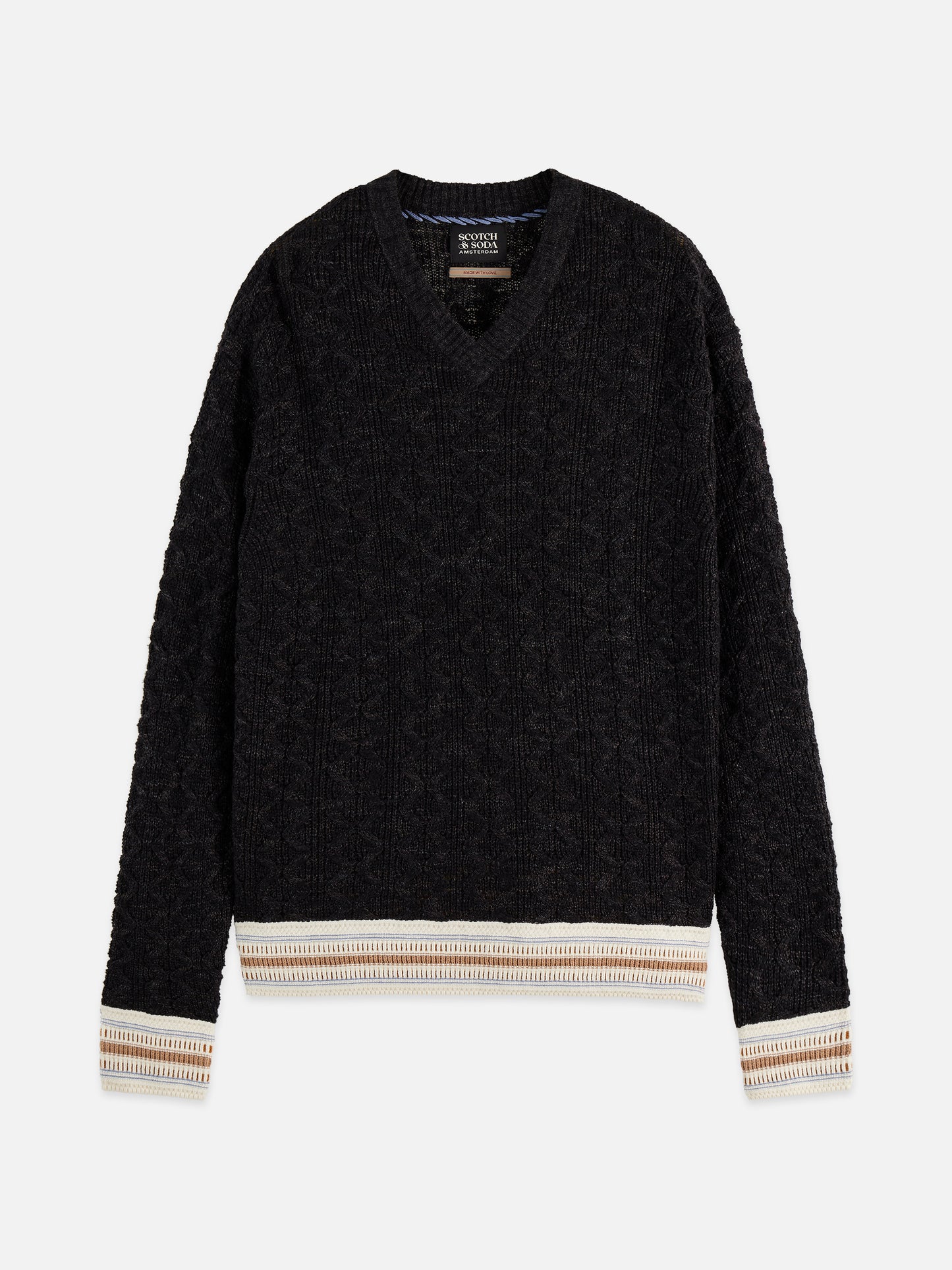 Black סוודר פולאובר לגברים V-Neck Cable SCOTCH & SODA