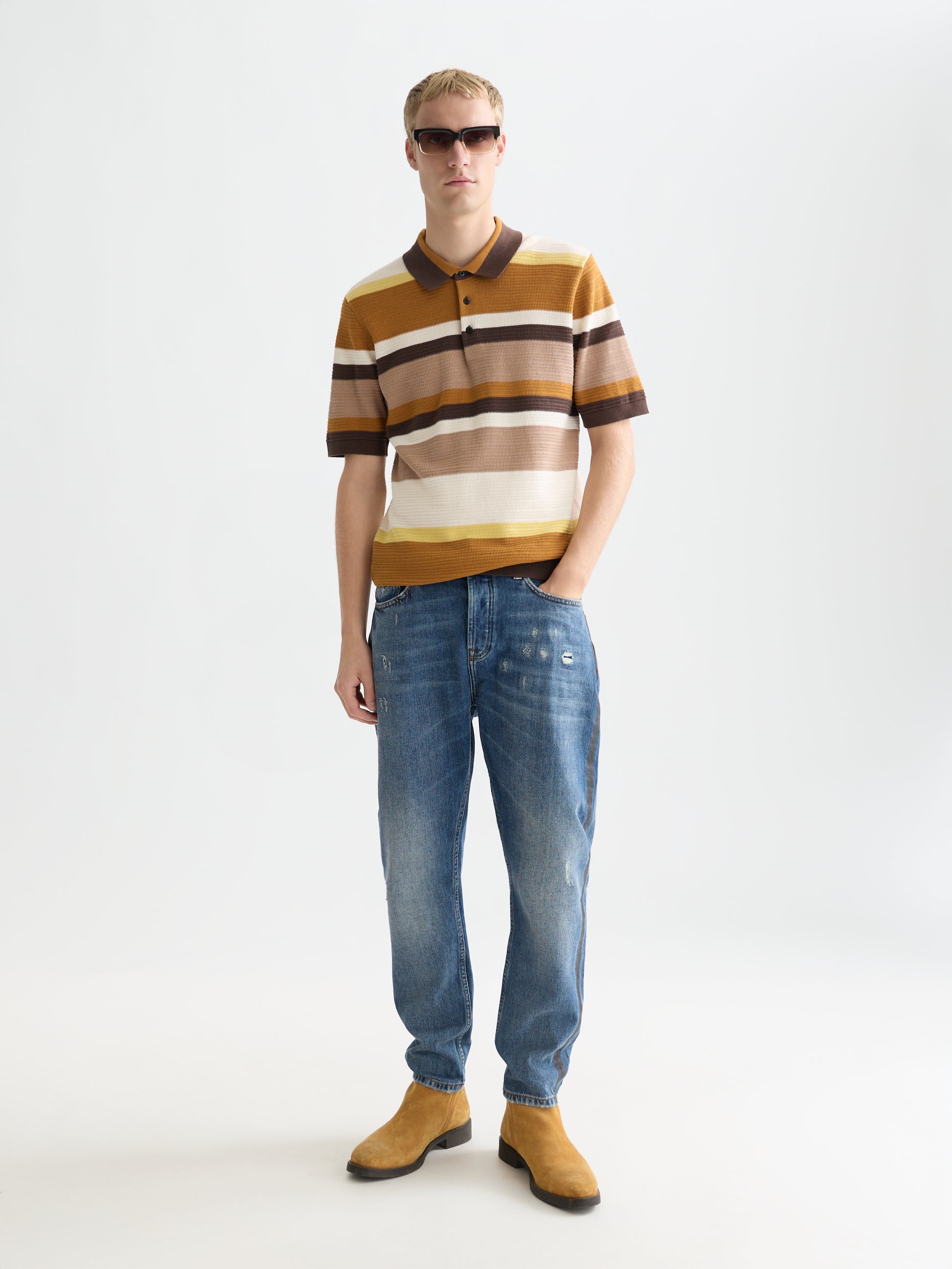Lavender פולו סריג פסים לגברים Structured Striped Knitted Polo SCOTCH & SODA