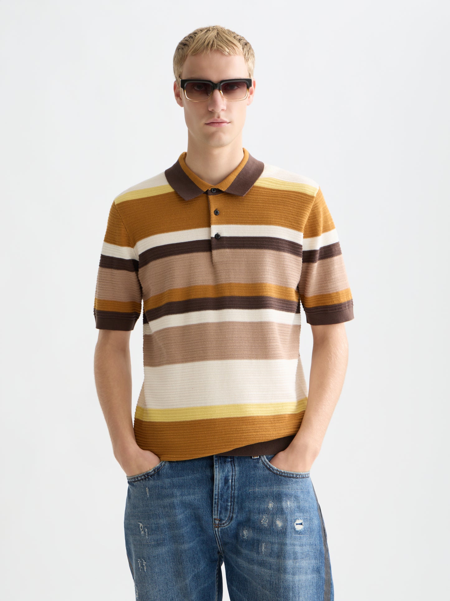 White Smoke פולו סריג פסים לגברים Structured Striped Knitted Polo SCOTCH & SODA