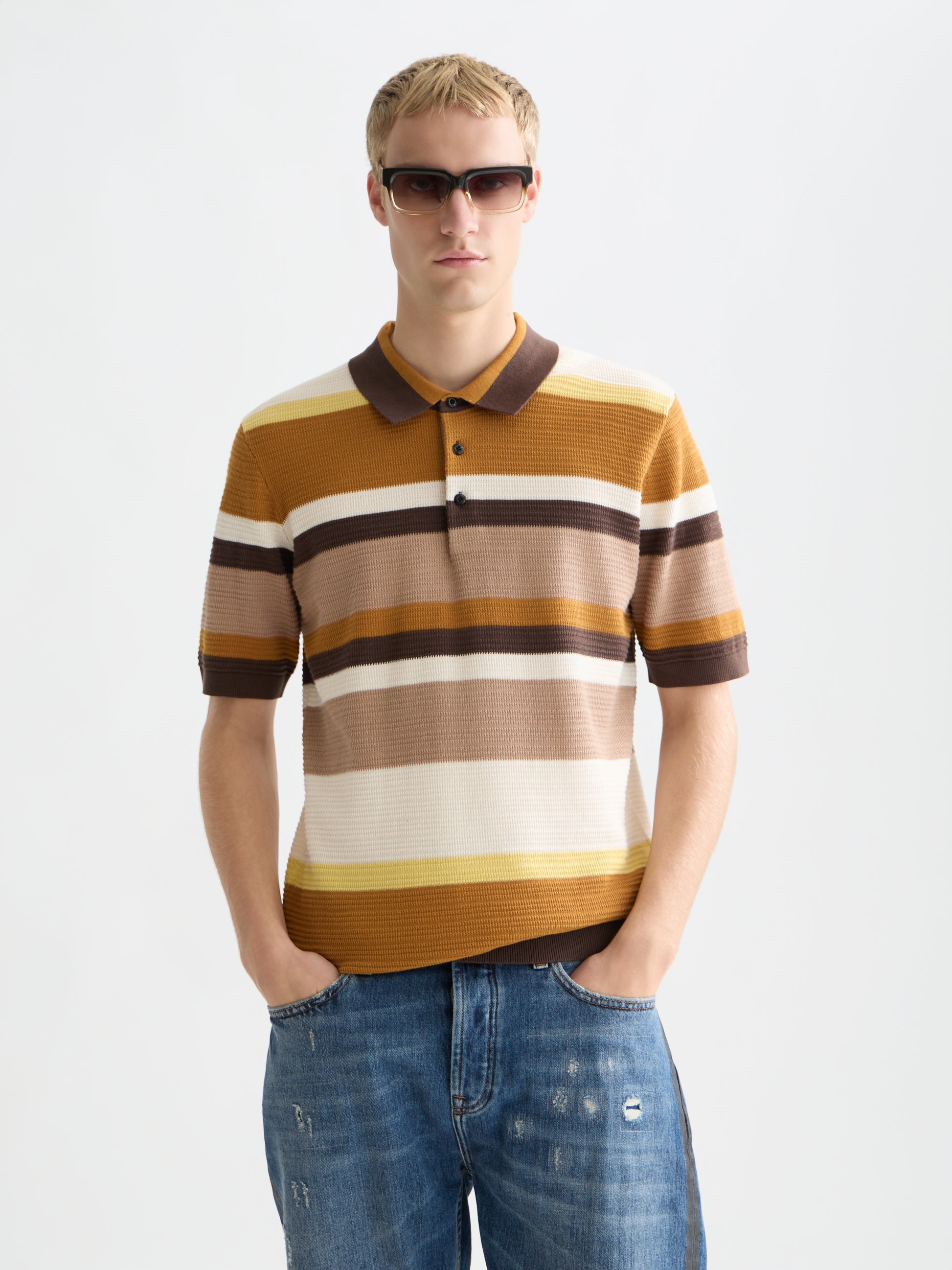 White Smoke פולו סריג פסים לגברים Structured Striped Knitted Polo SCOTCH & SODA