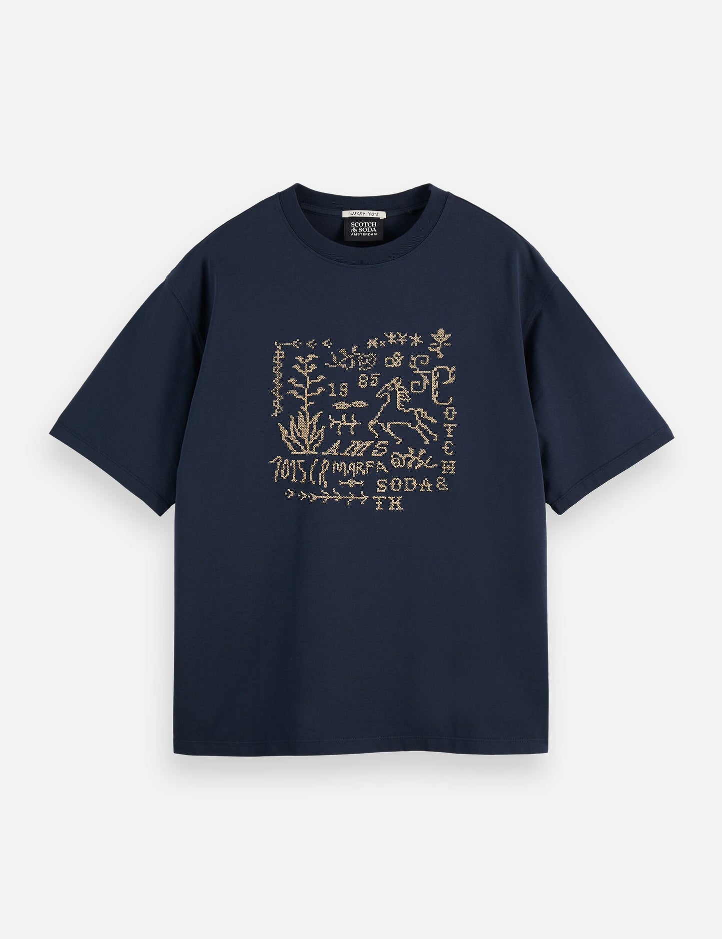 Dark Slate Gray CROSS-STITCHED FRONT ARTWORK LOOSE-FIT T-SHIRT טי שירט קצרה SCOTCH & SODA