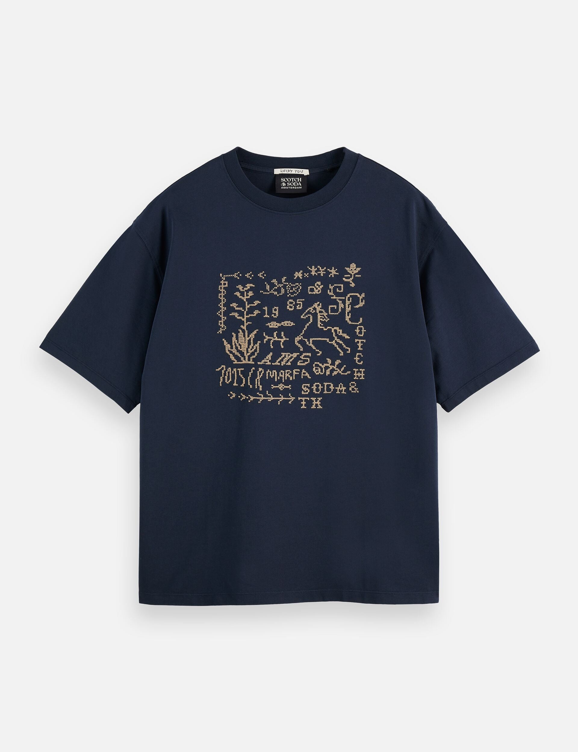 Dark Slate Gray CROSS-STITCHED FRONT ARTWORK LOOSE-FIT T-SHIRT טי שירט קצרה SCOTCH & SODA