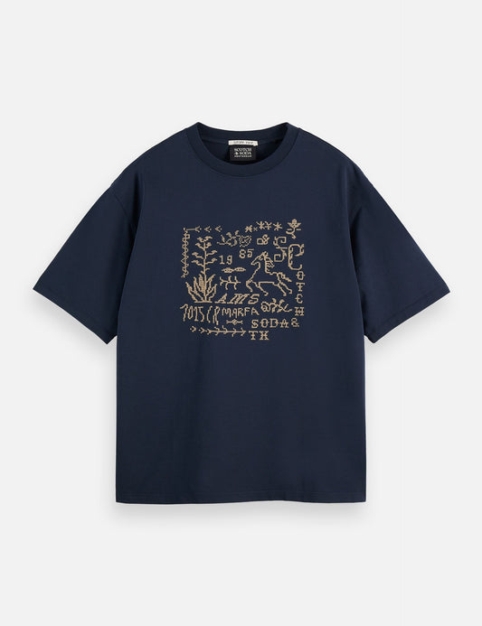 Dark Slate Gray CROSS-STITCHED FRONT ARTWORK LOOSE-FIT T-SHIRT טי שירט קצרה SCOTCH & SODA