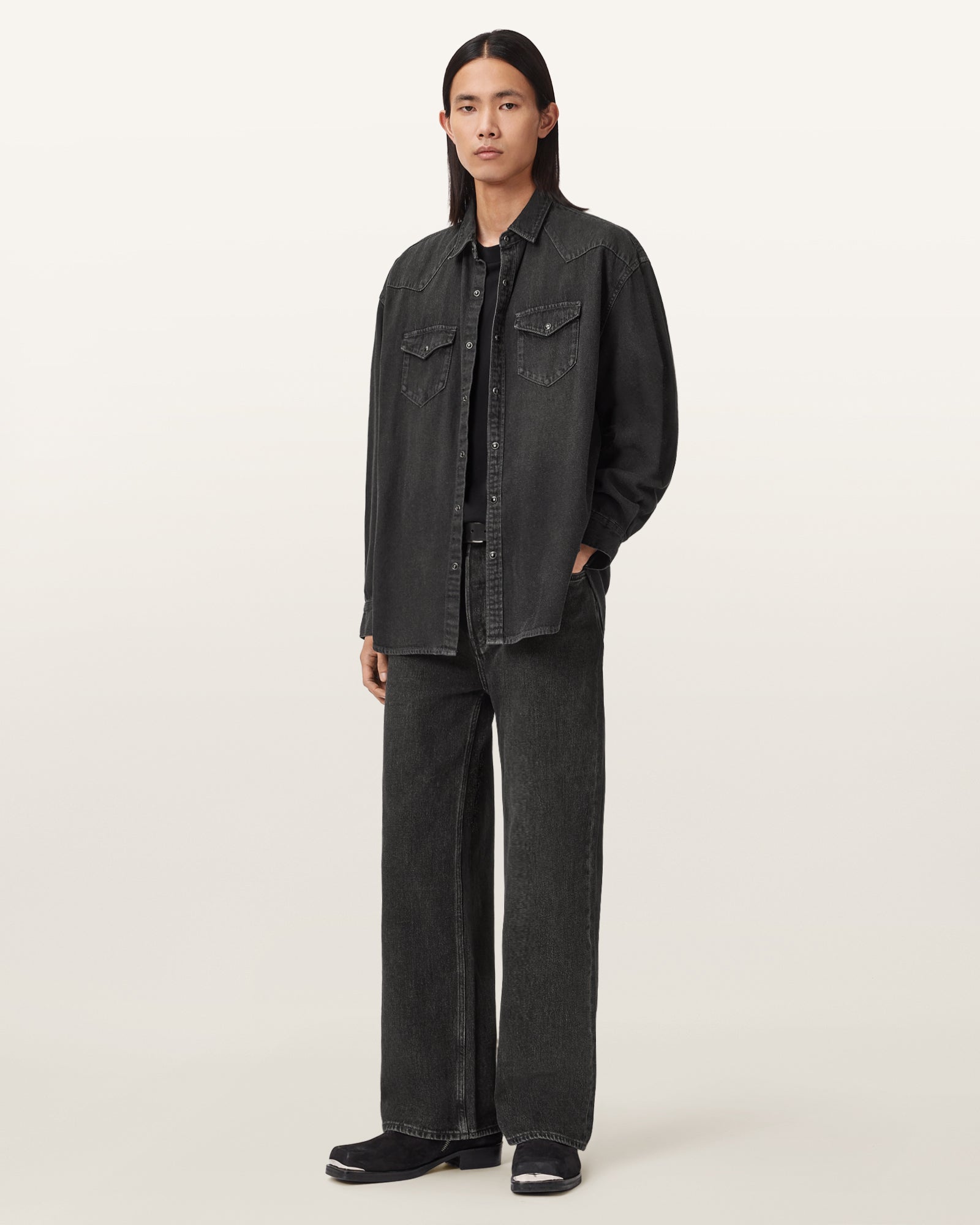 Dark Slate Gray חולצה מכופתרת ארוכה לגברים Fenton ALLSAINTS