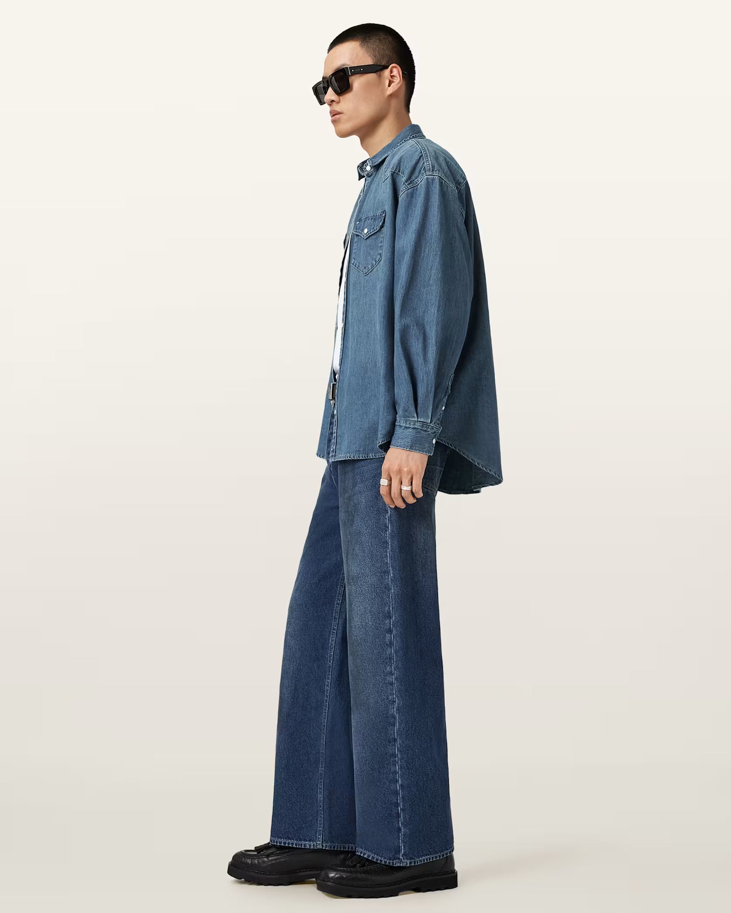 Beige חולצת ג'ינס מכופתרת ארוכה לגברים Fenton ALLSAINTS