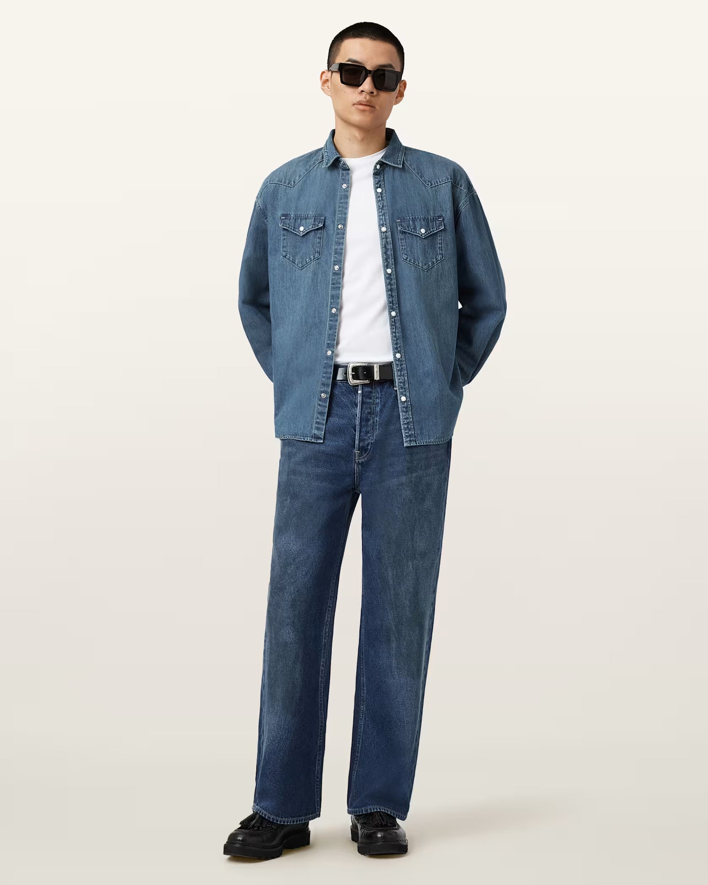 Beige חולצת ג'ינס מכופתרת ארוכה לגברים Fenton ALLSAINTS