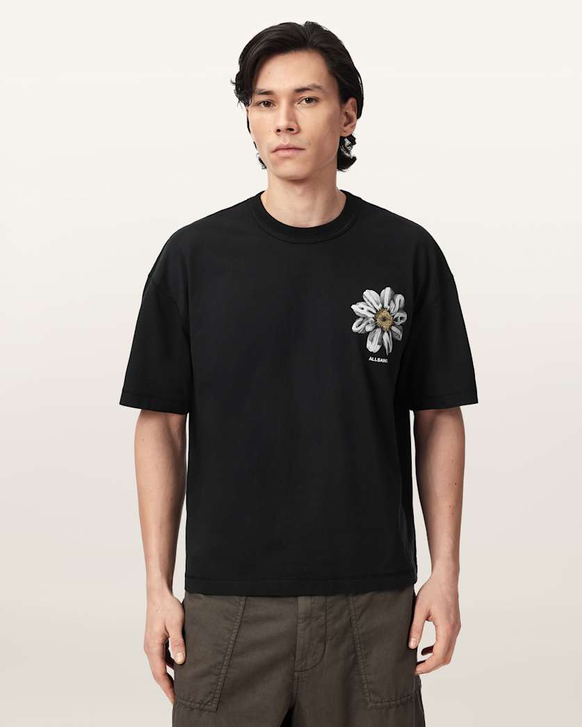 Black טי שירט גרפית אוברסייז לגברים Petals ALLSAINTS