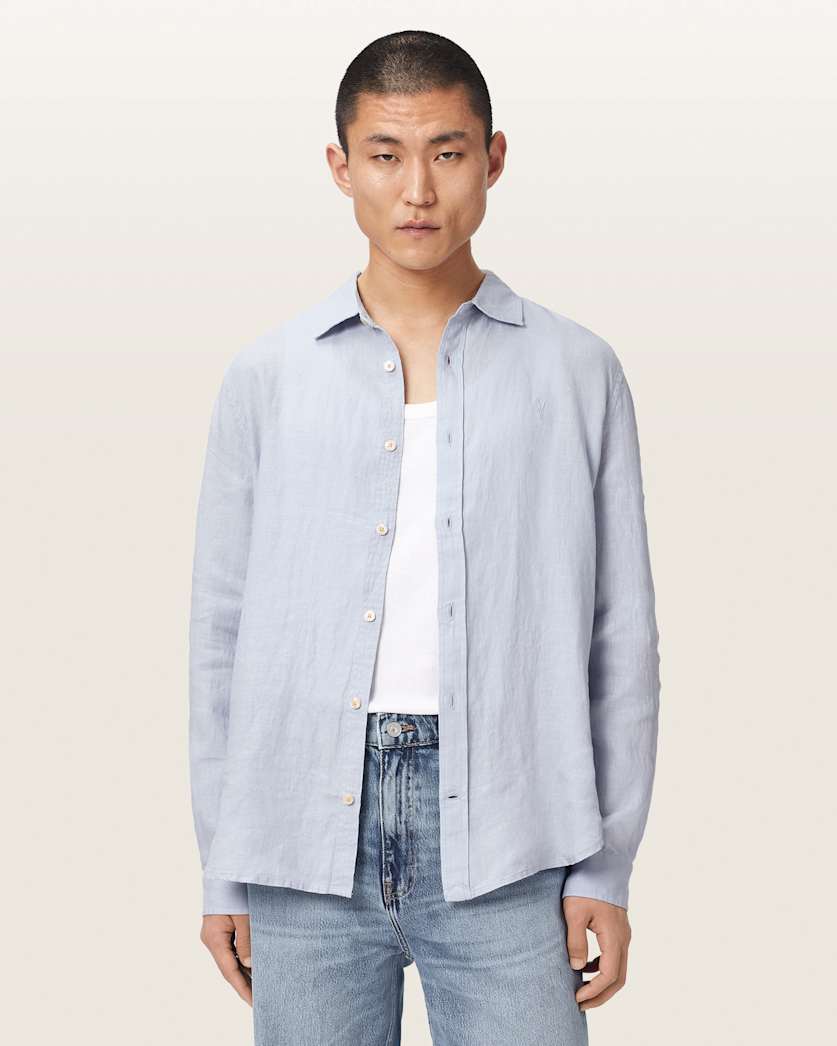 Light Gray חולצת מכופתרת ארוכה פשתן לגברים Loom ALLSAINTS