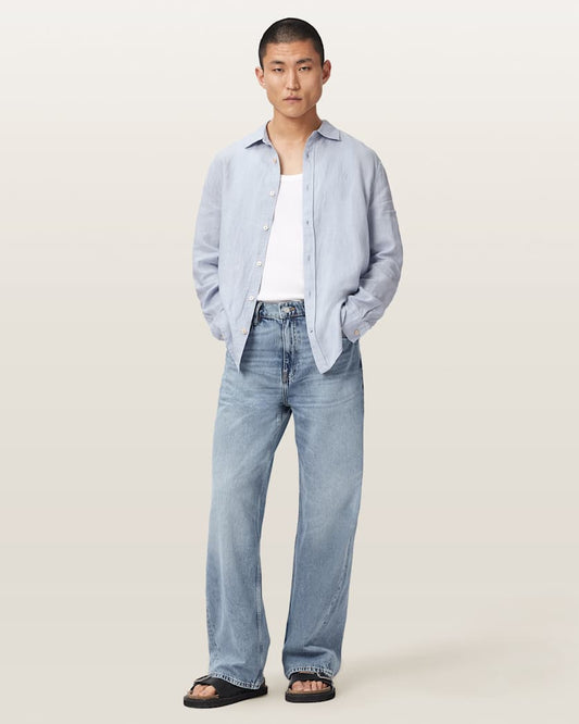 Light Gray חולצת מכופתרת ארוכה פשתן לגברים Loom ALLSAINTS