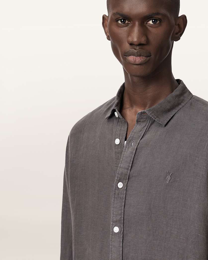Dim Gray חולצת מכופתרת ארוכה פשתן לגברים Loom ALLSAINTS