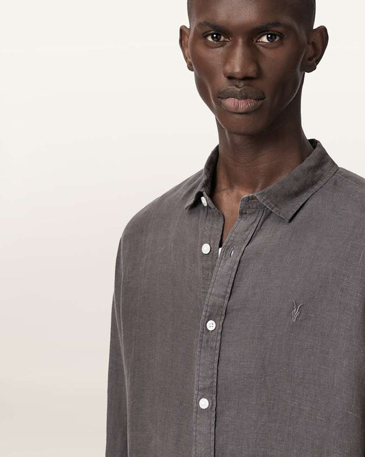 Dim Gray חולצת מכופתרת ארוכה פשתן לגברים Loom ALLSAINTS