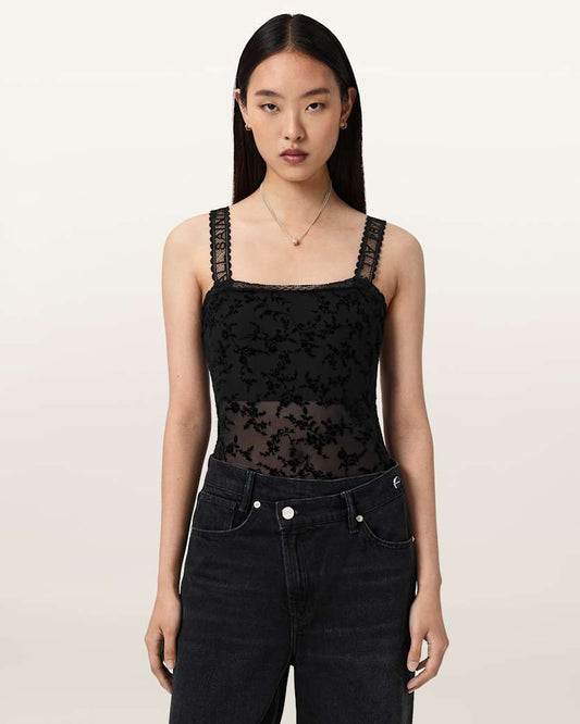 Black בגד גוף קצר לנשים Charli Flocked ALLSAINTS