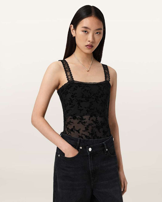 Black בגד גוף קצר לנשים Charli Flocked ALLSAINTS