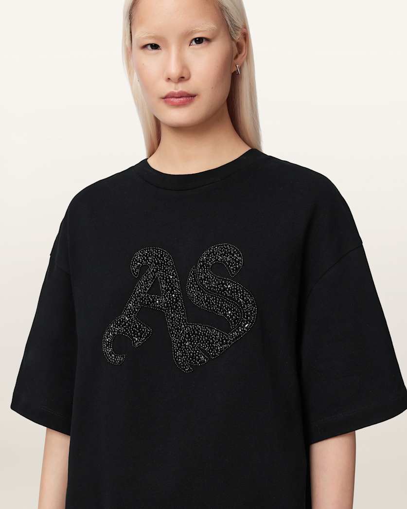 Black טי שירט אוברסייז מעוטרת לנשים Icon Amelie ALLSAINTS