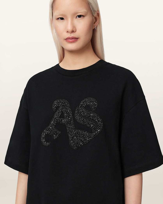 Black טי שירט אוברסייז מעוטרת לנשים Icon Amelie ALLSAINTS