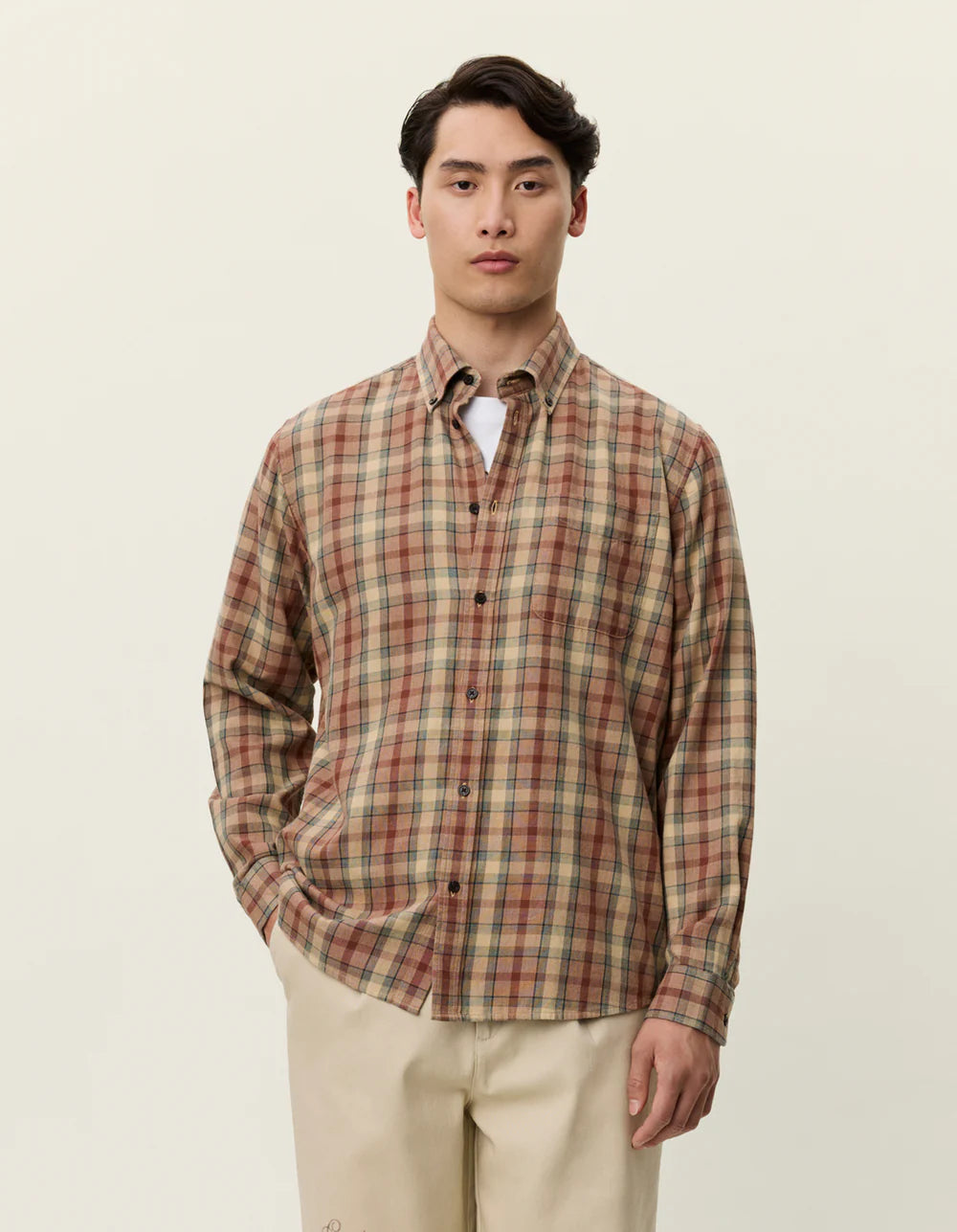 Antique White חולצה מכופתרת ארוכה לגברים Kent Check LES DEUX