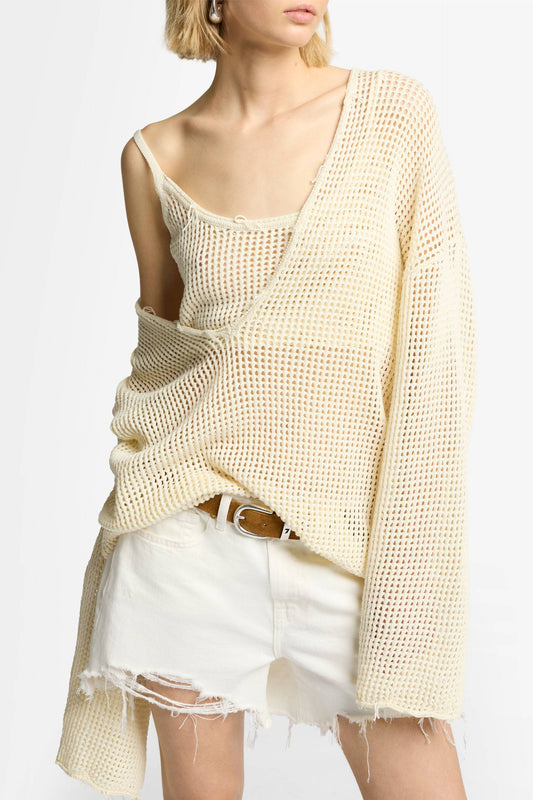 Antique White סוודר רשת וי לנשים SEVEN FOR ALL MANKIND