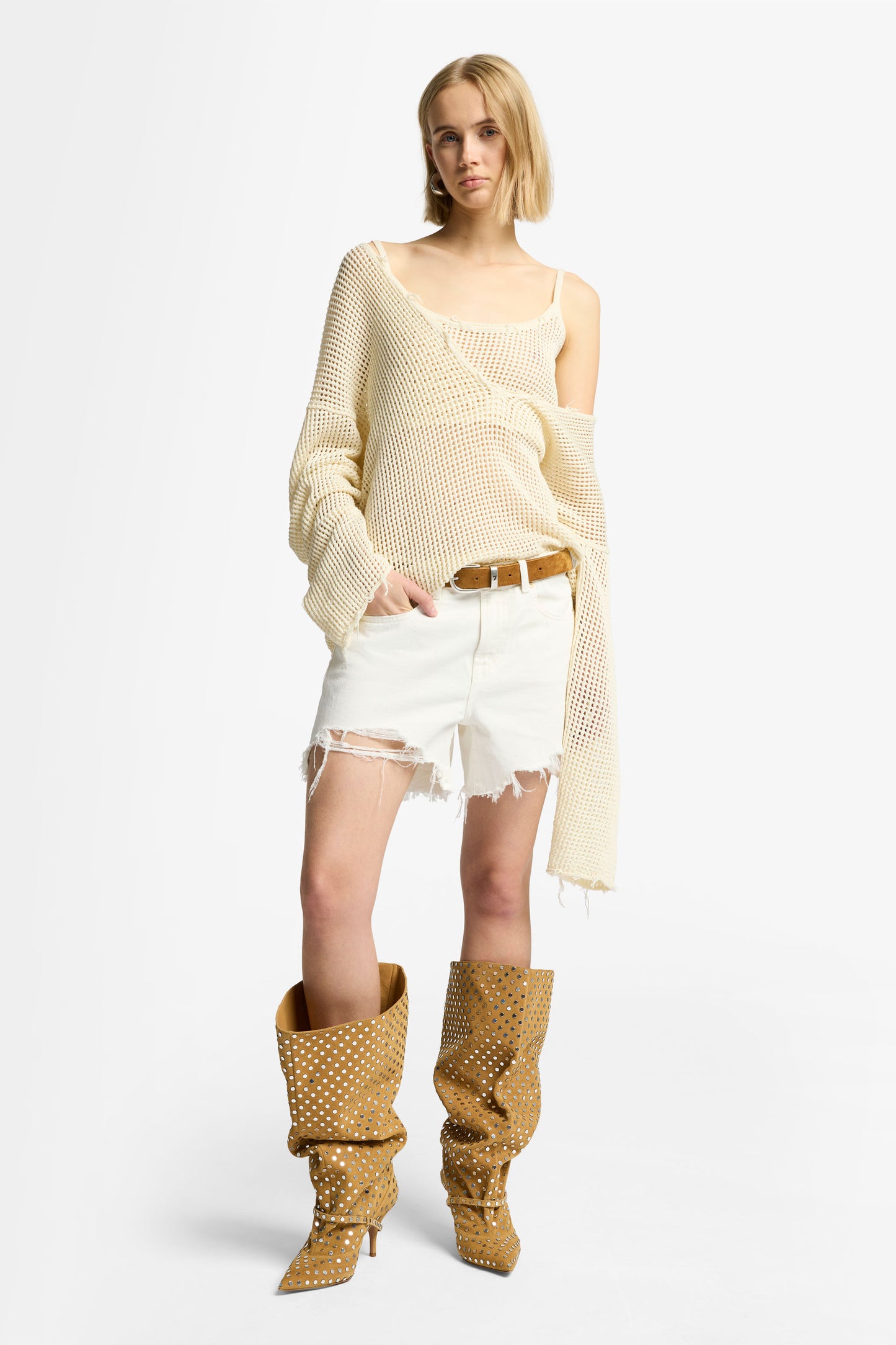 White Smoke סוודר רשת וי לנשים SEVEN FOR ALL MANKIND