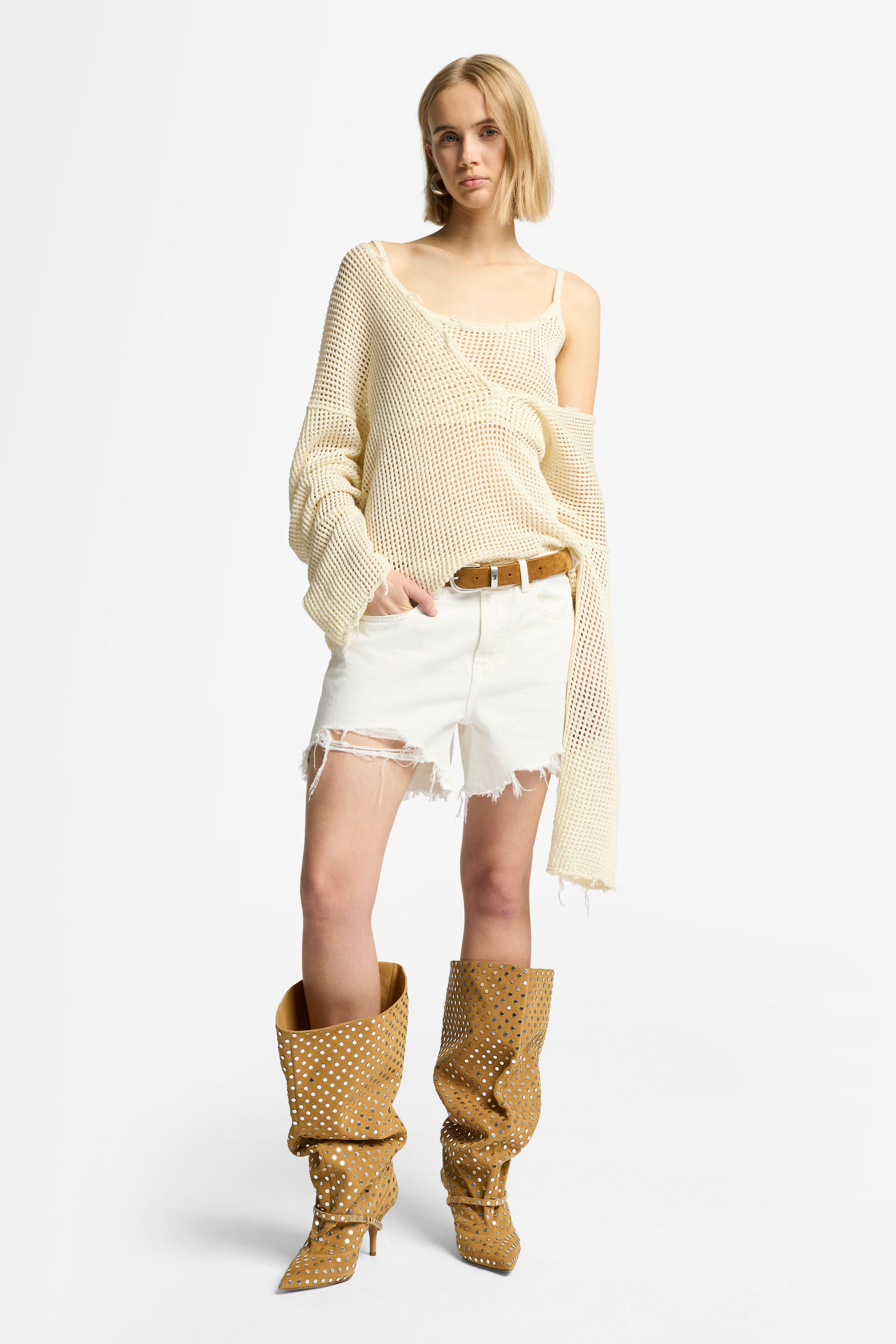 White Smoke סוודר רשת וי לנשים SEVEN FOR ALL MANKIND