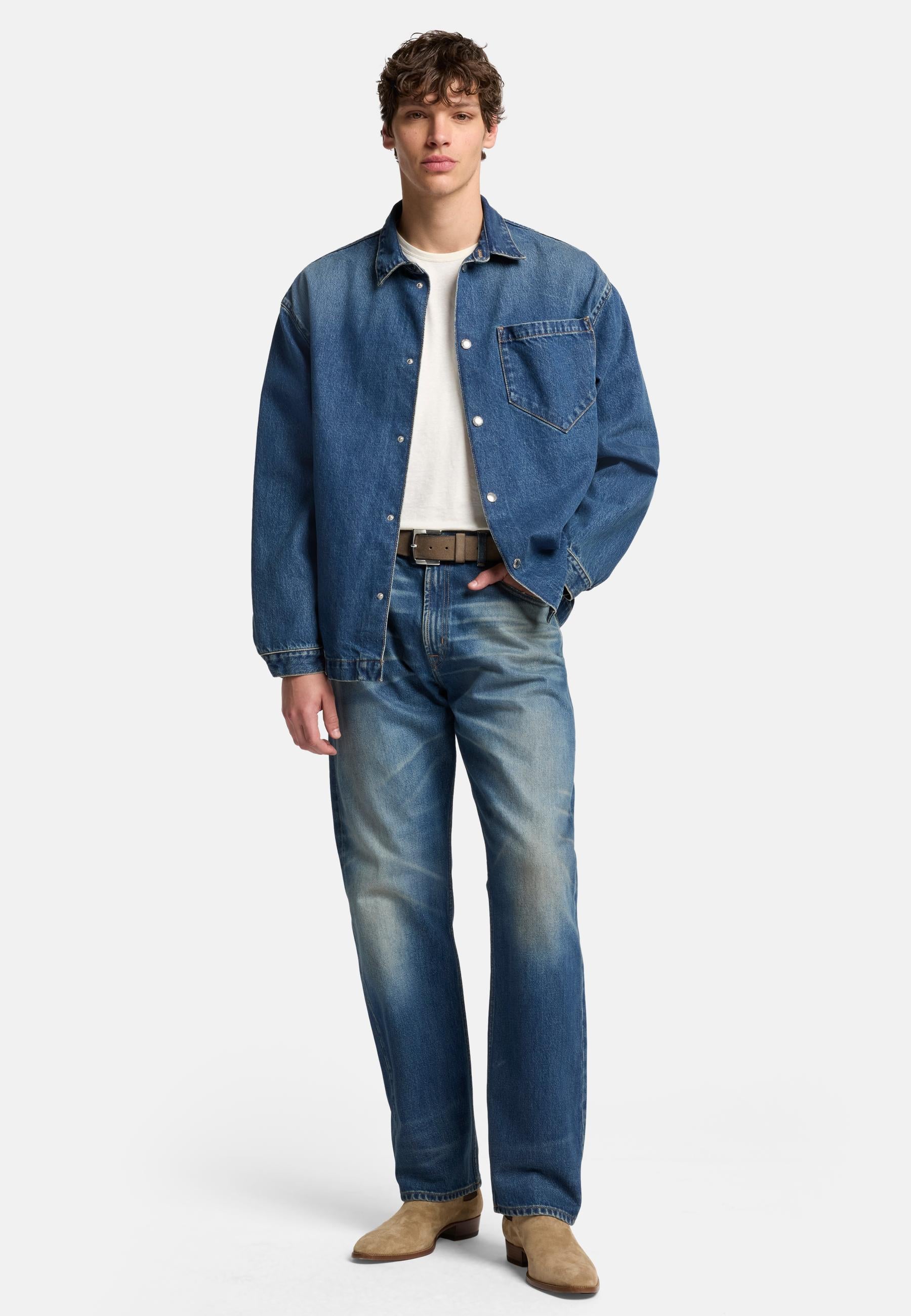 Dark Slate Gray חולצת ג'ינס מכופתרת ארוכה לגברים SEVEN FOR ALL MANKIND