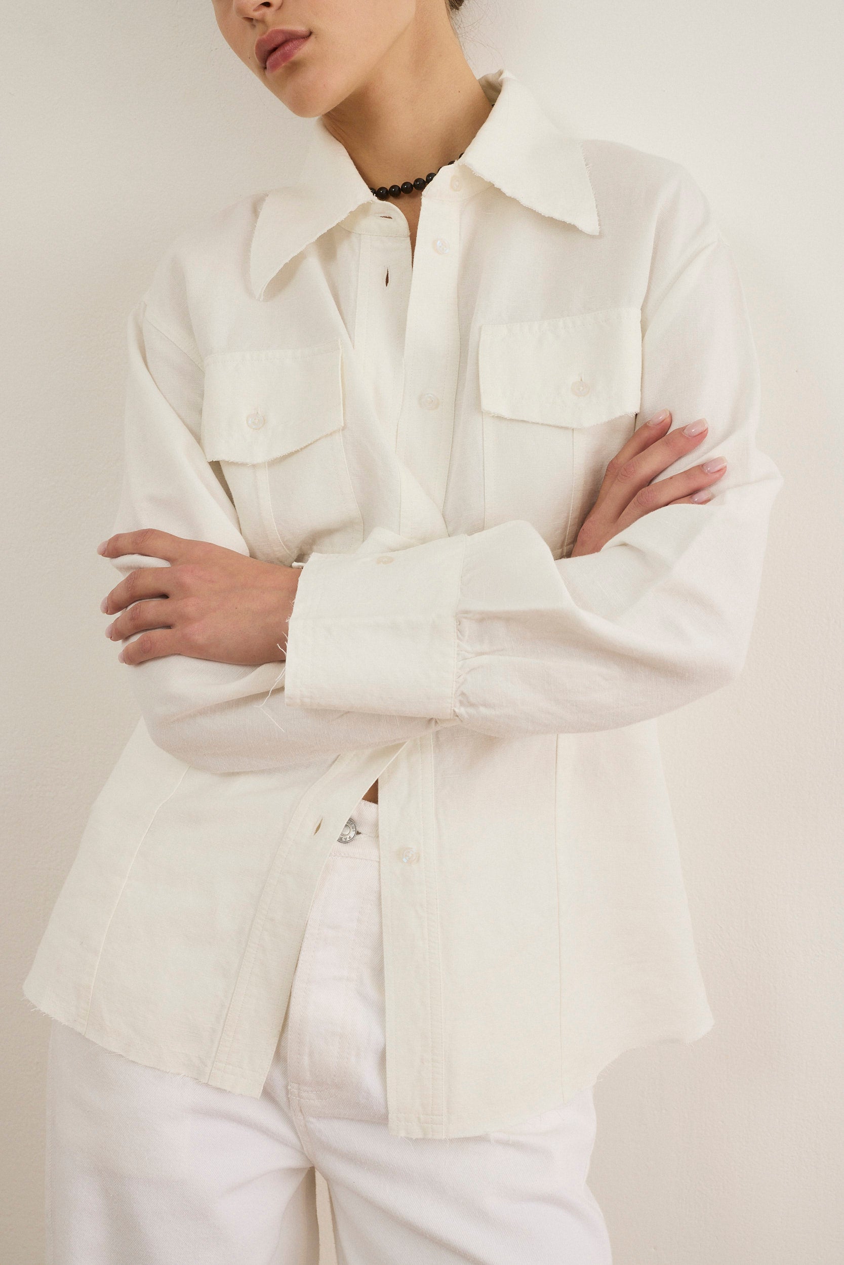 Light Gray חולצה מכופתרת ארוכה לנשים Linen PAPER