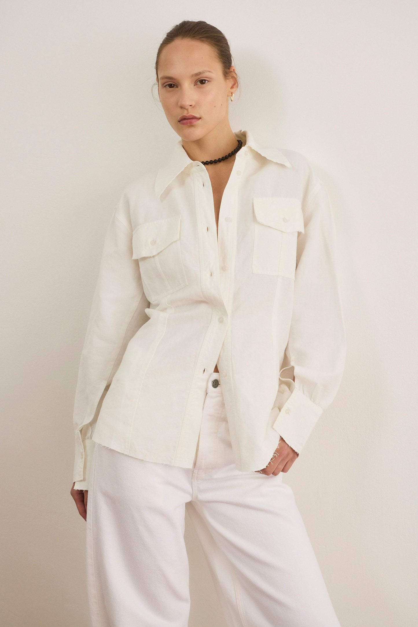 Light Gray חולצה מכופתרת ארוכה לנשים Linen PAPER