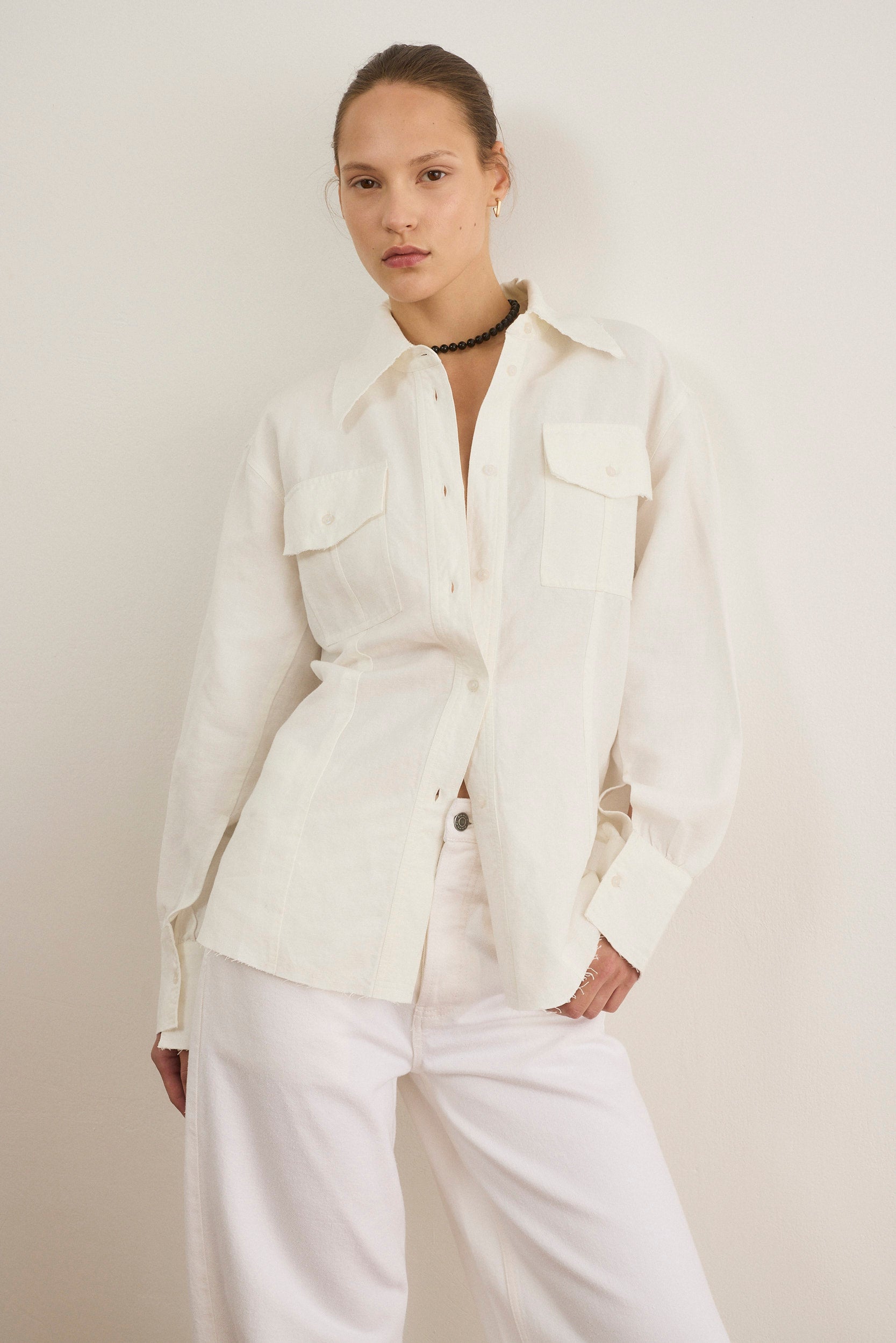 Light Gray חולצה מכופתרת ארוכה לנשים Linen PAPER