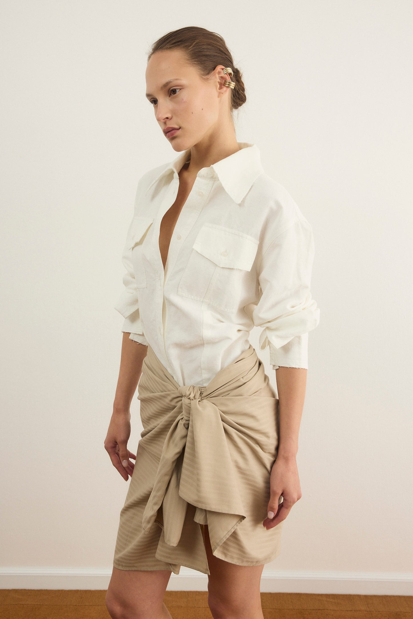 Light Gray חולצה מכופתרת ארוכה לנשים Linen PAPER