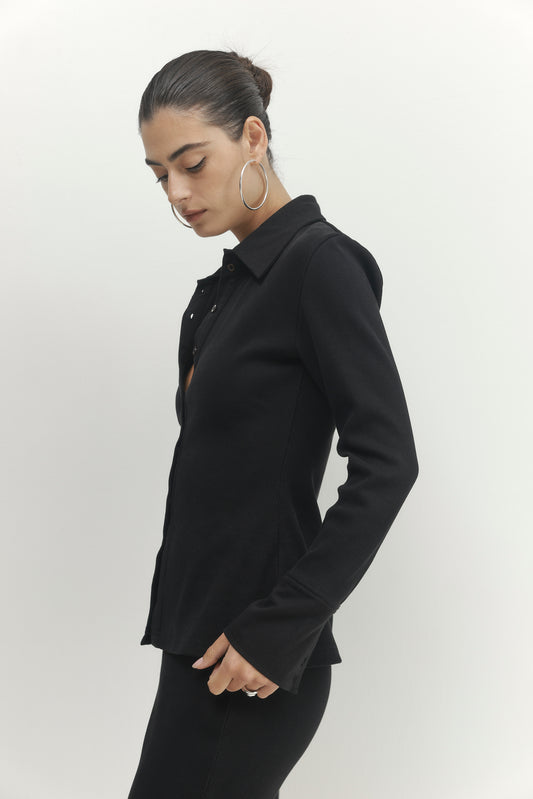 Dark Slate Gray חולצה מכופתרת ארוכה עם צווארון Pleated PAPER