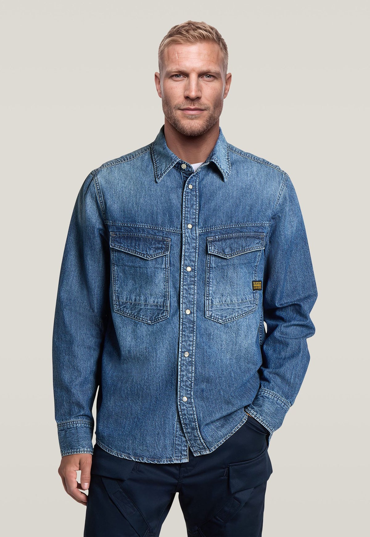 Light Gray חולצה מכופתרת ארוכה לגברים G-Star Dakota Regular Shirt G STAR