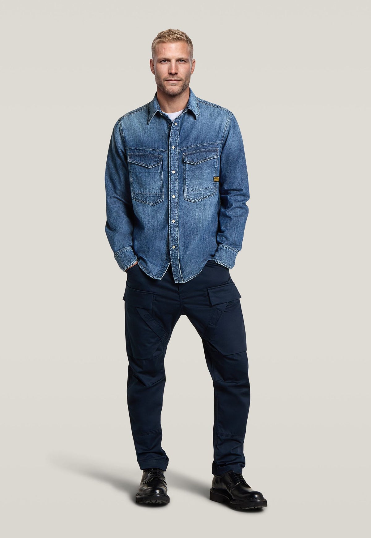 Light Gray חולצה מכופתרת ארוכה לגברים G-Star Dakota Regular Shirt G STAR