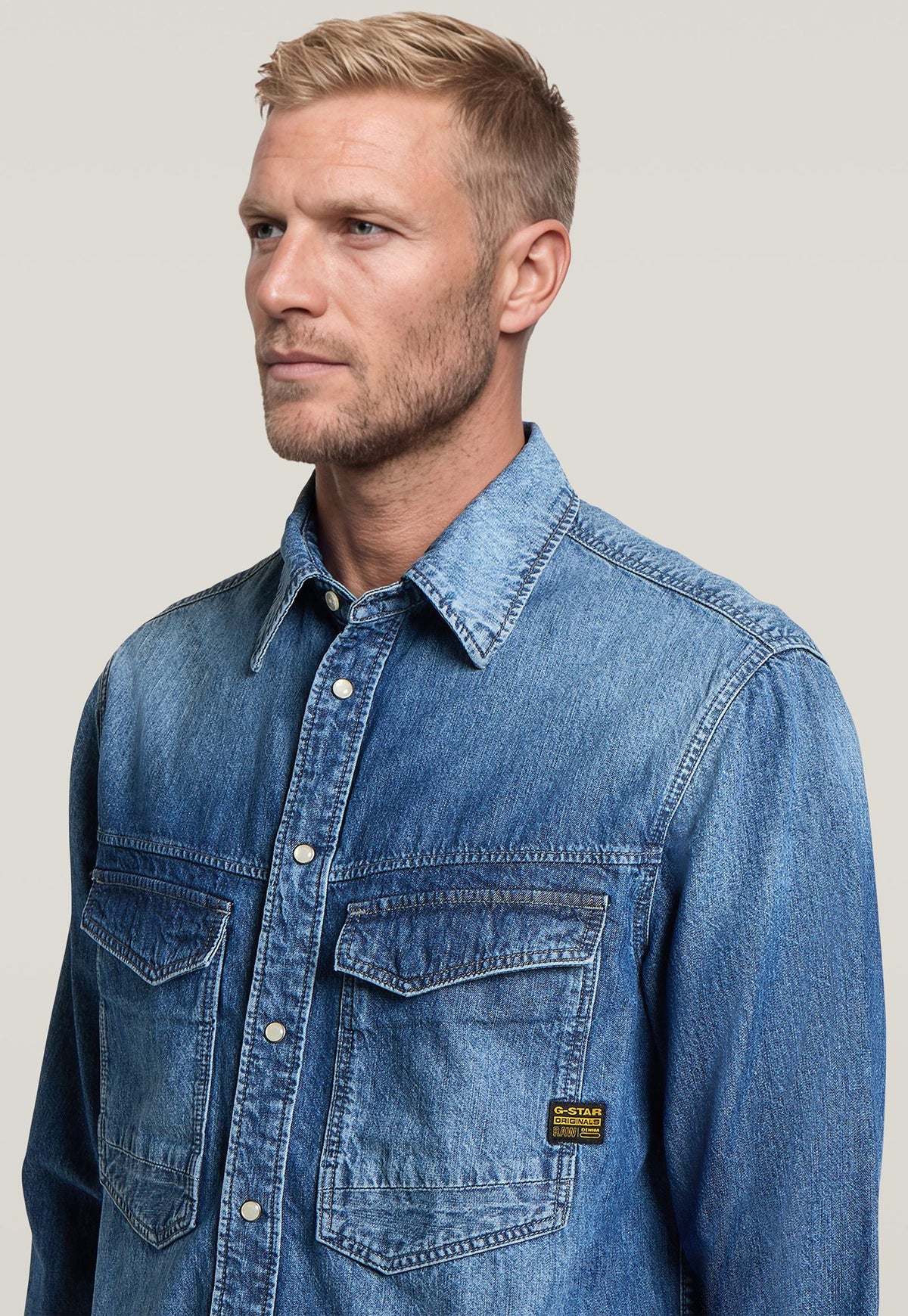 Light Gray חולצה מכופתרת ארוכה לגברים G-Star Dakota Regular Shirt G STAR