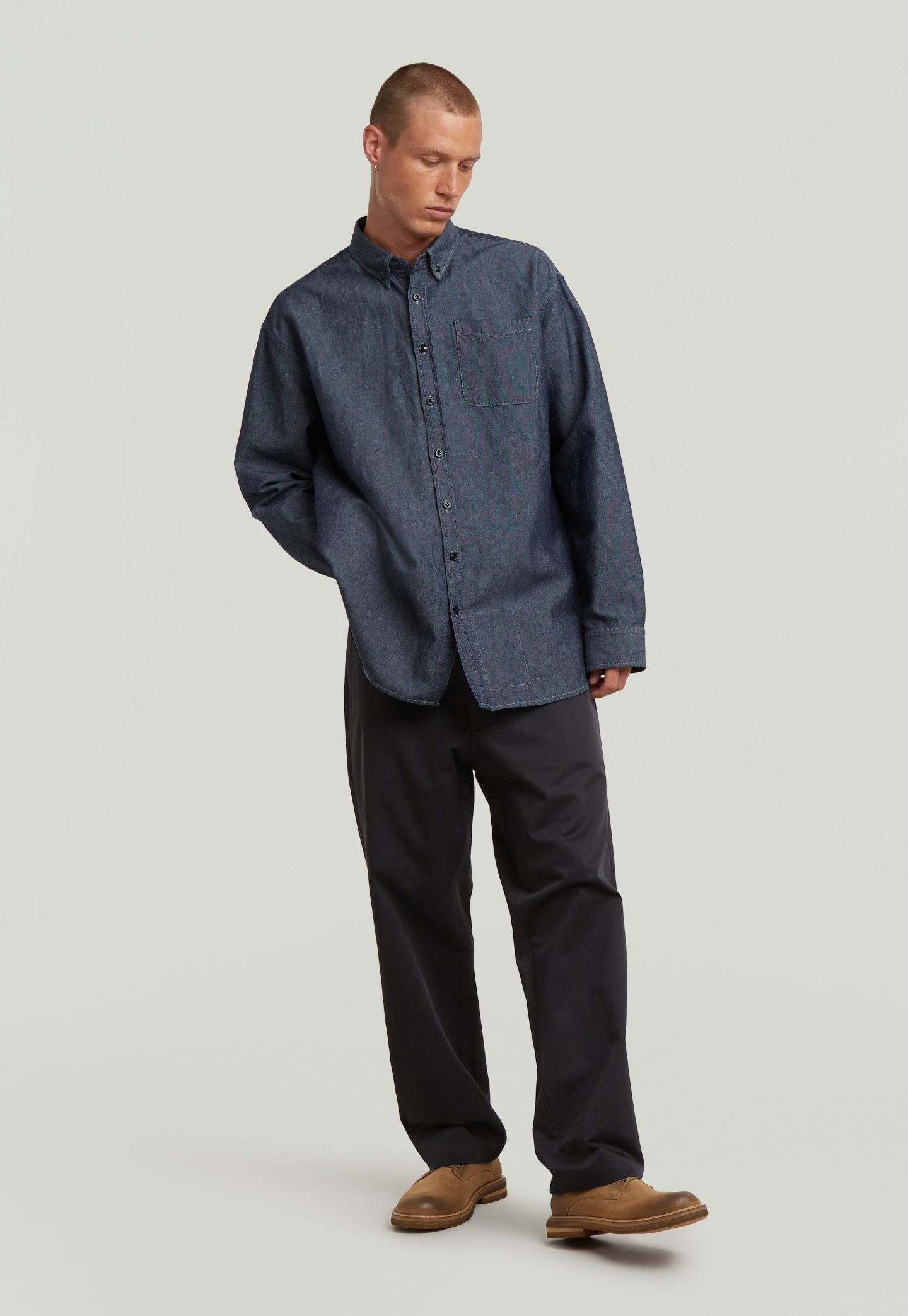 Light Gray חולצה מכופתרת ארוכה לגברים G-S011 Oxford G STAR