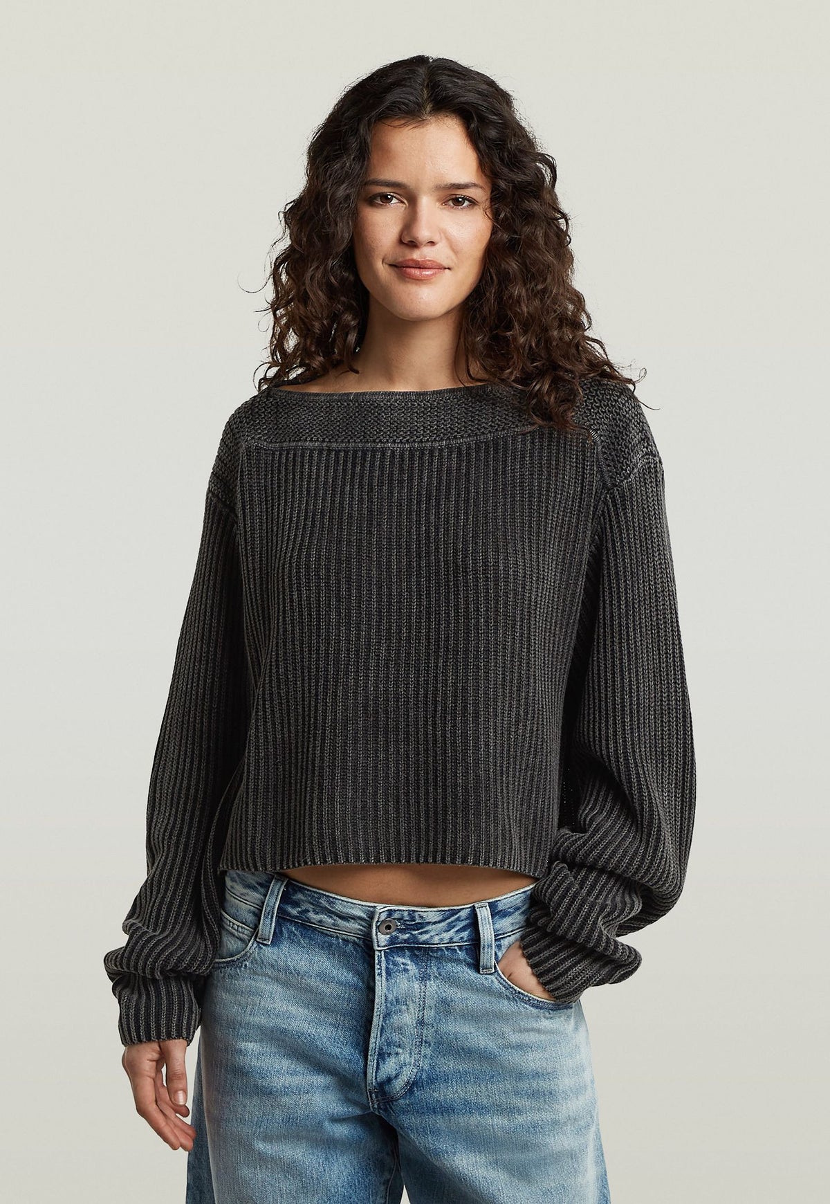 Light Gray סוודר לנשים Washed Open Neck Knit G STAR